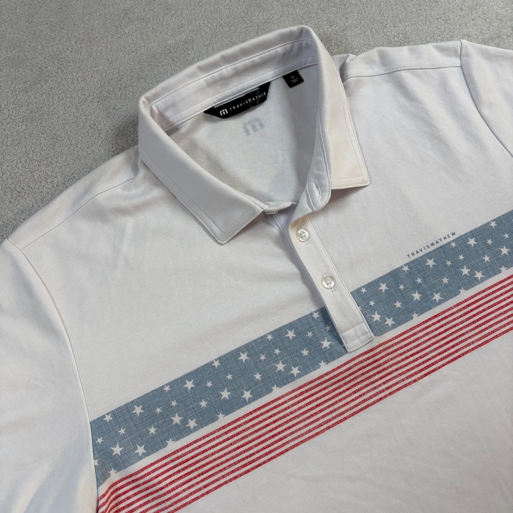 Travismathew Merica Polo Shirt Mens‎ XL White Stripes Performance Golf Tennis